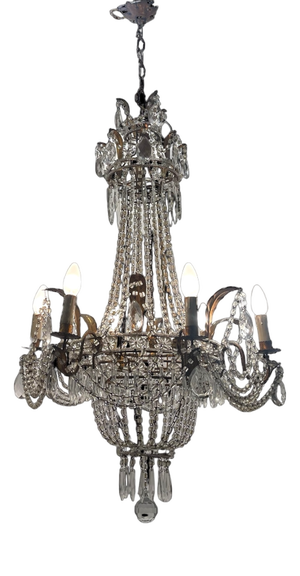 Large Vintage Italian Tole Florentine Macaroni Crystal Chandelier, 1940s