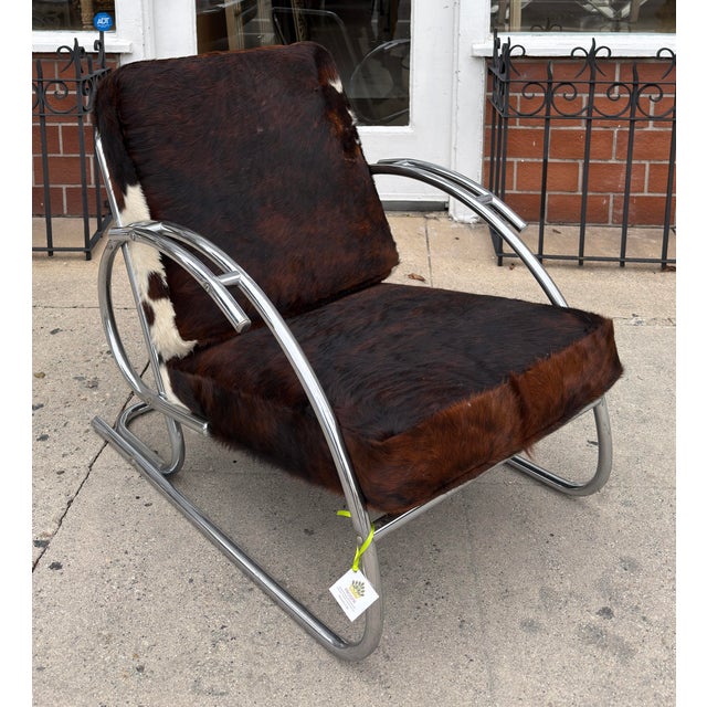 Streamline Moderne Art Deco Tubular Chrome Chair W Cowhide Leather.