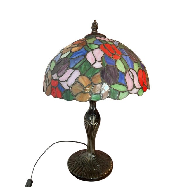 Black Tiffany Style Stained Glass Table Lamp, 1980 For Sale - Image 8 of 8