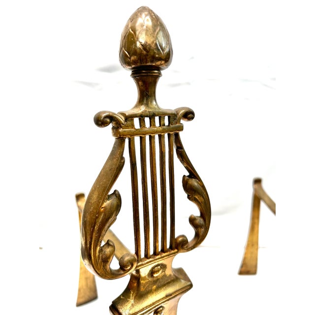 Hollywood Regency Vintage Brass Lyre Andirons – Neoclassical Hollywood Regency Fireplace Decor, Pair For Sale - Image 3 of 7