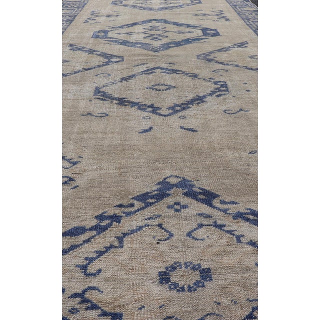 Turkish Oushak Gallery Rug in Blue and Cream With Geometric Design 4'6 X 12'6 For Sale In Atlanta - Image 6 of 12