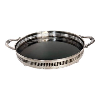1960s Hollywood Regency Silver Plated Round Gallery Tray With Handles For Sale