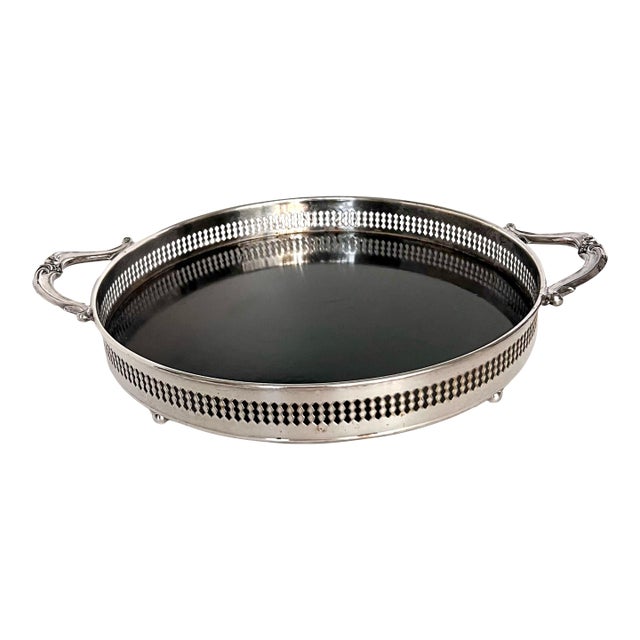1960s Hollywood Regency Silver Plated Round Gallery Tray With Handles For Sale
