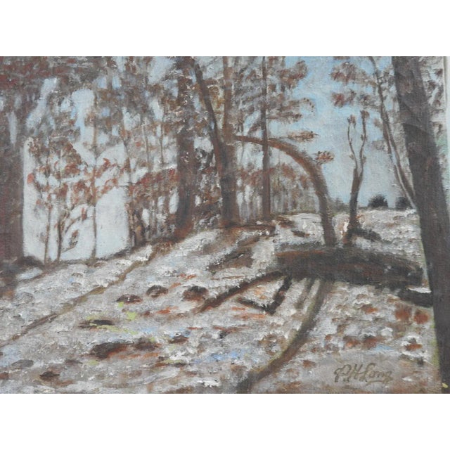 Rustic 1956 Tonal Folk Art Winter Forest Landscape Painting For Sale - Image 3 of 8