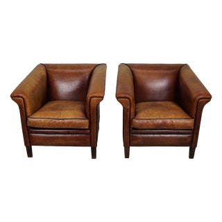 Vintage Dutch Cognac Leather Club Chairs, 1970s, Set of 2 For Sale