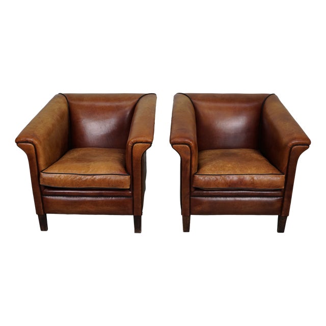 Vintage Dutch Cognac Leather Club Chairs, 1970s, Set of 2 For Sale