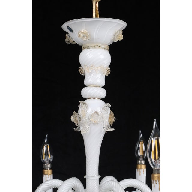 Mid 20th Century Vintage White Glass Gold 6 S Arm Chandelier For Sale - Image 5 of 16