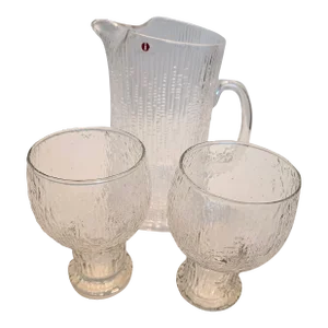 1960s Ultima Thule Tapio Wirkkala Crystal Melting Ice Water Pitcher & Tumbler Set, Made in Finland- 3 Pieces
