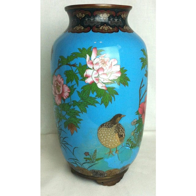 1910s Blue Floral Bird Cloisonne Vase For Sale - Image 11 of 12