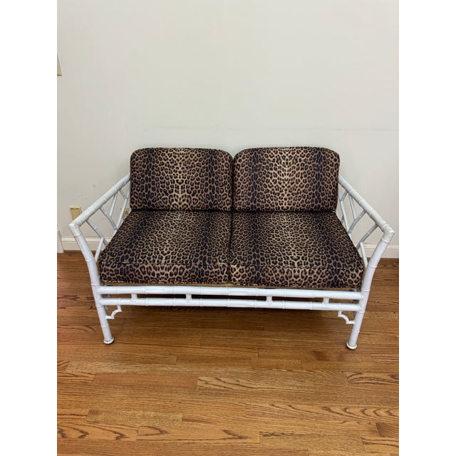 Mid 20th Century Vintage Faux Bamboo Iron Chinoiserie Loveseat Settee With Leopard Print Cushions For Sale - Image 10 of 12