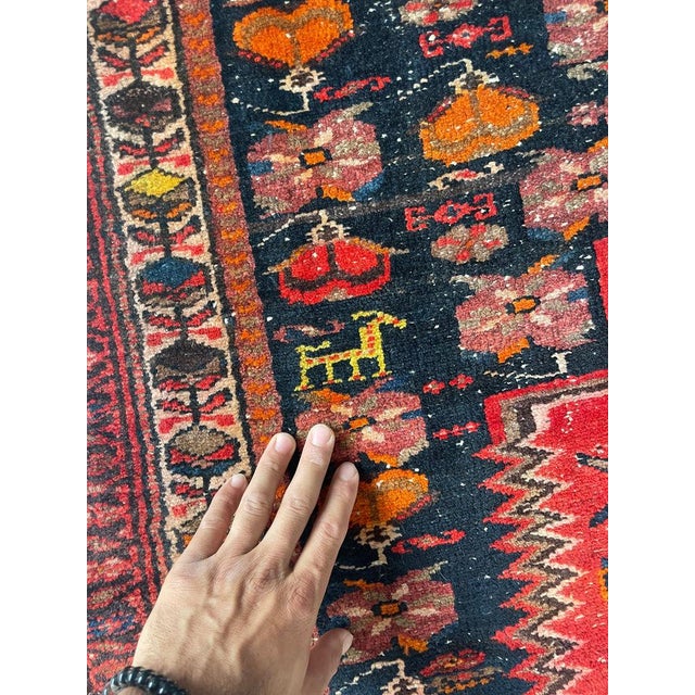 Persian Mid 20th Century Yellow Goats & Horses with Wine, Ruby & Charcoal-Blue Shrubs and Flora Rug 4 x 17 For Sale - Image 3 of 14