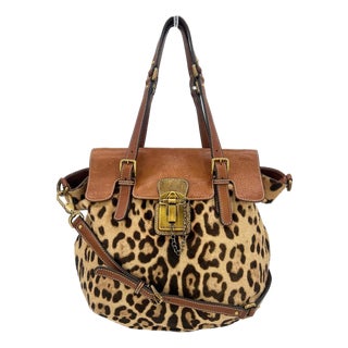 Mid 20th Century Dolce and Gabbana Leopard Print Pony Hair Tan Leather Miss Privee Shoulder Bag For Sale