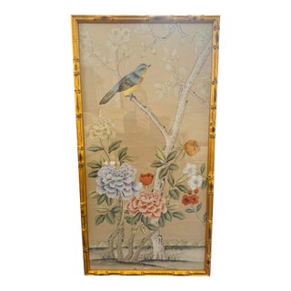 Framed De Gournay Bird & Peony Chinoiserie Painting in Gilt Bamboo Frame For Sale