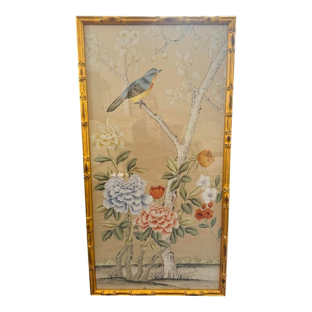 Framed De Gournay Bird & Peony Chinoiserie Painting in Gilt Bamboo Frame For Sale