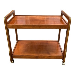 Teak Serving Cart With Brass Inlay Made in Romania on Casters Hollywood Regency For Sale