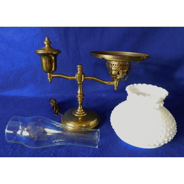 Vintage Mid Century Brass White Hobnail Milk Glass Students Desk Lamp For Sale - Image 11 of 13