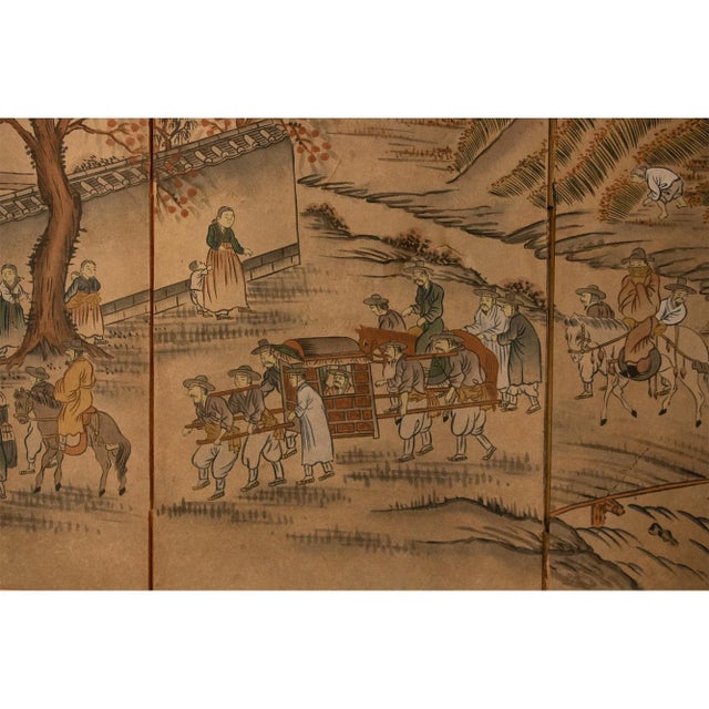 C. 1960s Vintage Korean Painted Screen "Landscape With Building" For Sale - Image 4 of 11