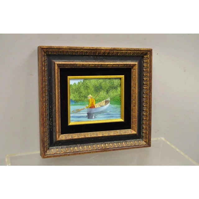 Late 20th Century Daniel Belliard Enamel on Copper Small Framed Painting Fisherman in Boat on Lake For Sale - Image 10 of 10