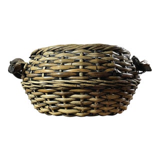 Vintage African Woven Basket With Corkscrew Branch Handles For Sale