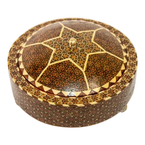 Persian Box Khatam Kari Footed Wooden Round Jewelry Vanity Trinket Moorish Box