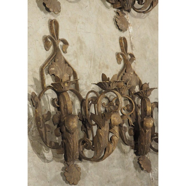 Metal Set of Four Vintage French 3-Arm Iron and Tole Sconces, Distressed Gilt Finish For Sale - Image 7 of 18