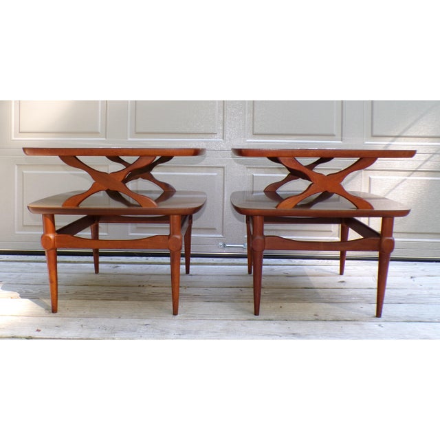 Vintage Pair Reiss Mid Century Modern 2 Tier Tile Top Walnut Side Tables For Sale - Image 15 of 17