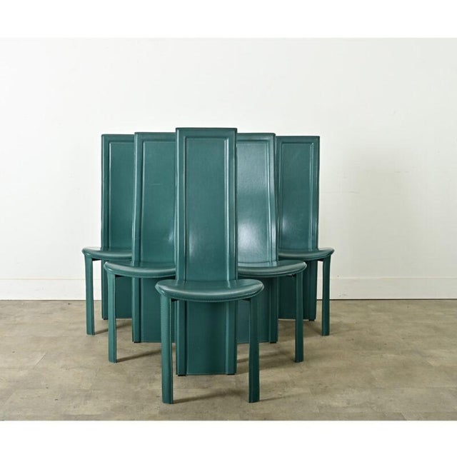 Vintage Italian Turquoise Leather Postmodern Dining Chairs - Set of Six For Sale - Image 4 of 12