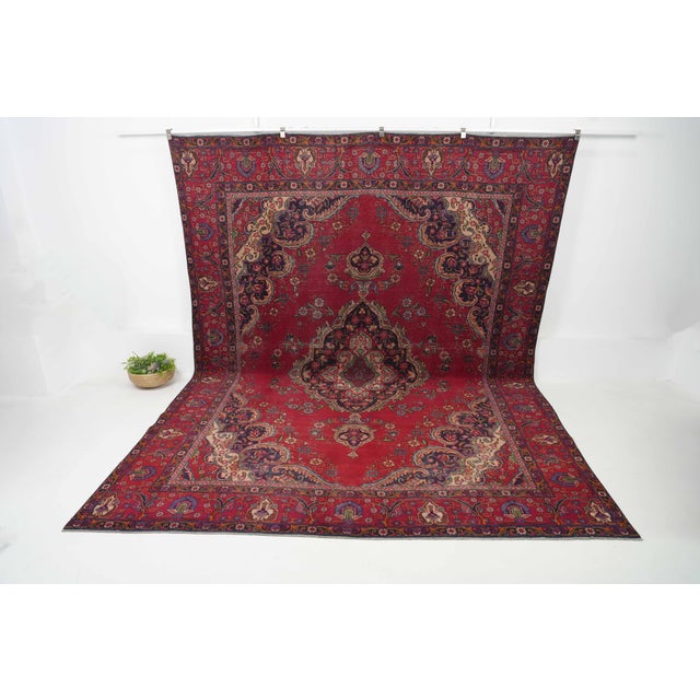 1970s 1970s Vintage Persian Handmade Wool 10x12 Red Area Rug For Sale - Image 5 of 11