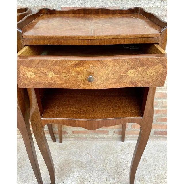 Wood Early 20th Century French Bedside Tables or Nightstands in Marquetry and Iron Hardware, 1920s, Set of 2 For Sale - Image 7 of 12