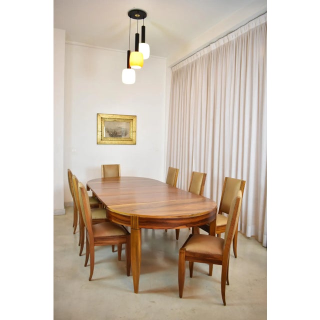 Extendable Dining Table and Set of 8 Walnut & Leather Chairs by André Sornay, France, 1930s For Sale - Image 17 of 17