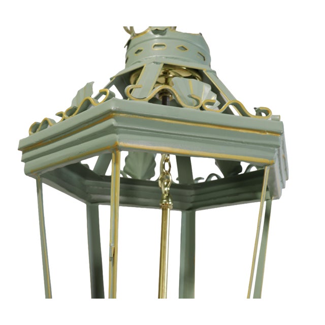 Art Deco A Vintage “Visual Comfort” Style Iron Celadon Green Chandelier For Sale - Image 3 of 8