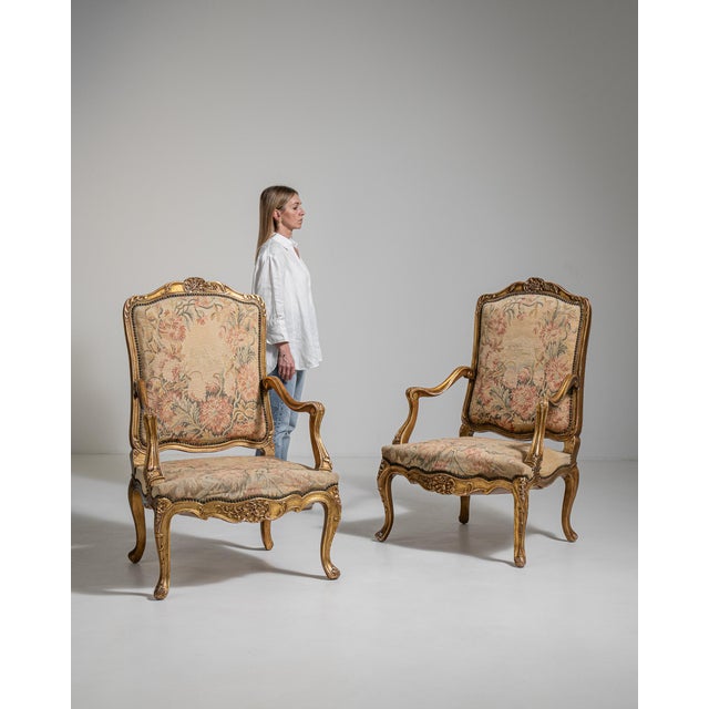 Brown Pair of Louis XV Giltwood Armchairs with Tapestry Upholstery, Rococo Style, France, 19th Century For Sale - Image 8 of 12