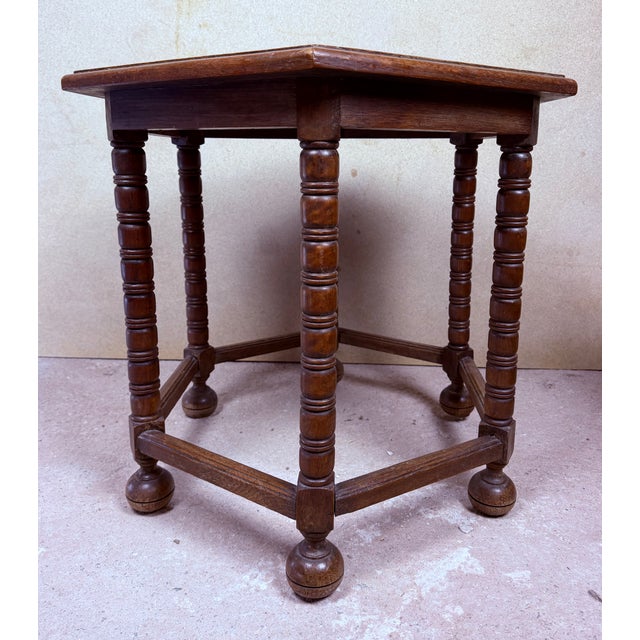 Wood Spanish Hexagonal Wood Side Table with Turned Legs, 1930 For Sale - Image 7 of 10