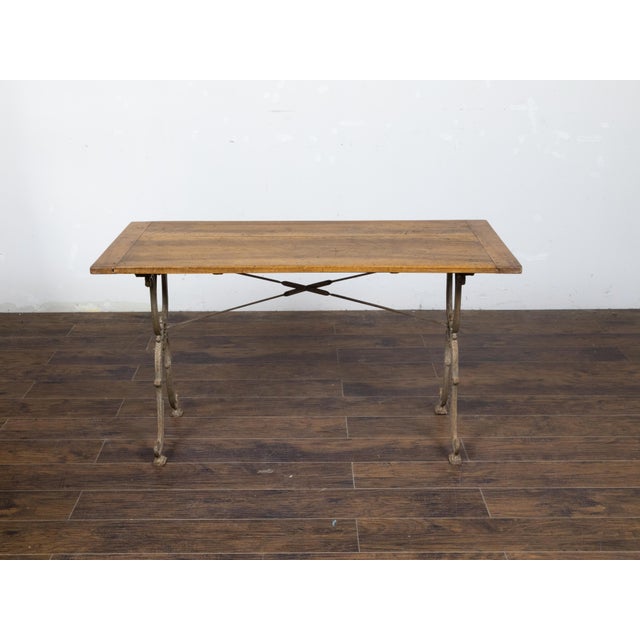 Wood French 1900s Steel and Wood Console Table with Curving X-Form Legs and Stretcher For Sale - Image 7 of 12
