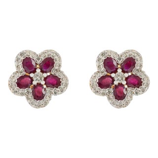 Ruby and Diamond Cherry Blossom Floral Stud Earrings in 18k Gold - 2 Pieces For Sale