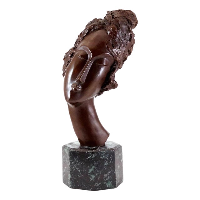 Art Deco Artist, Brown Patinated Woman's Head Sculpture, Bronze For Sale