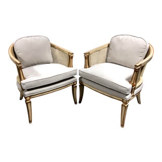 French Louis XVI Style Vintage Painted Barrel Back Caned Bergere Chairs—a Pair For Sale