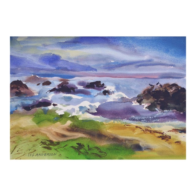 Vintage Purple Coastal Landscape by Les Anderson For Sale