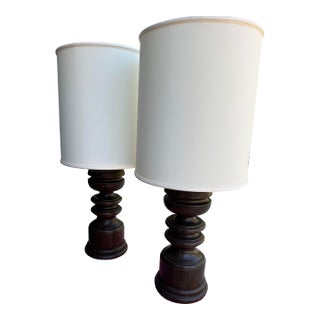 1970s Scandinavian Brutalist Turned Solid Pine Table Lamps - a Pair For Sale