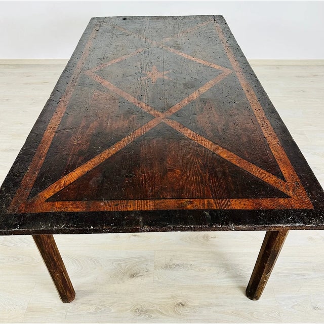 18th Century Italian Rustic Farmhouse Table With Geometric Inlaid Top For Sale - Image 4 of 8