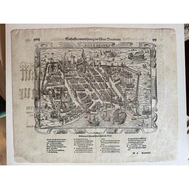 Bordeaux city view – braun & hogenberg original woodcut, ca. 1575 : this detailed and highly decorative bird’s-eye view of...