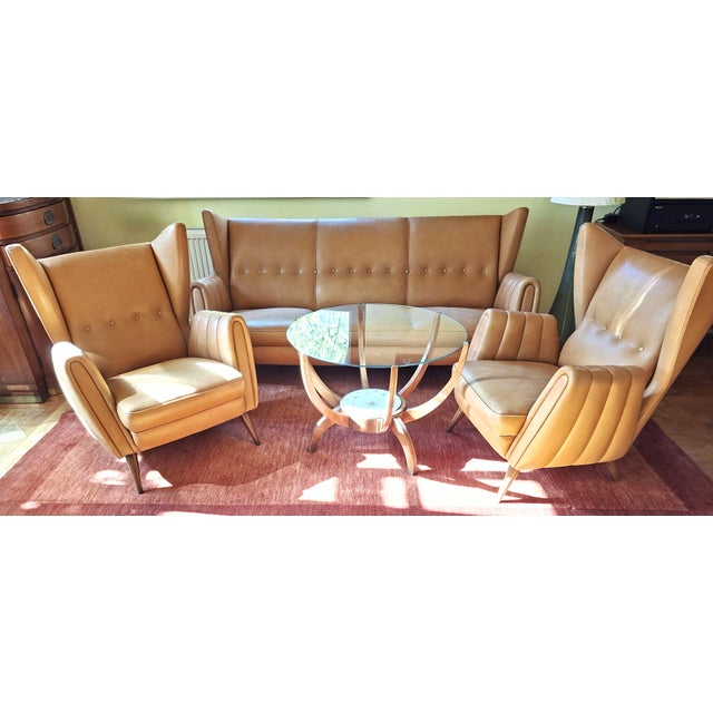 Wingback Living Room Set in Leather, 1950s, Set of 3 For Sale - Image 12 of 14