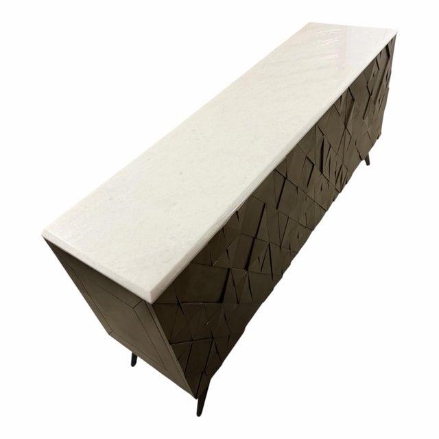Contemporary Global Views Triangle Cabinet in Antique Silver With Australian White Marble Top For Sale - Image 3 of 8