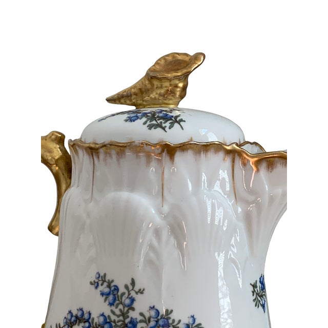 Antique R. Delinières & Cie Limoges Gilt Porcelain Chocolate Pot With Shell Finial For Sale - Image 6 of 17