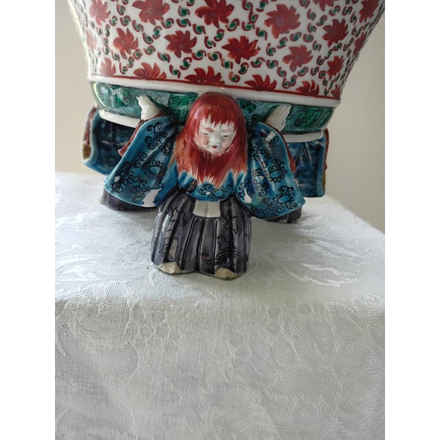 Antique Asian Porcelain Centerpiece Bowl With 5 Sculpted Figurine Handles & Feet For Sale - Image 16 of 16