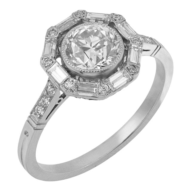 Art Deco Inspired Diamond Target Platinum Ring, Size 7.75 For Sale