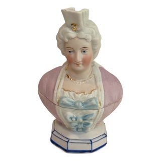 Antique 19th-Century European Hand-Painted Porcelain Lady Bust Figural Trinket Box For Sale