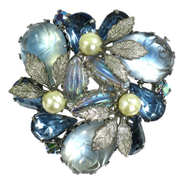 Vintage 1950s Blue Carved Art Glass Brooch For Sale