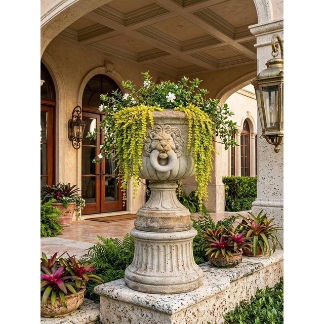 Magnificent Neoclassical Lion-Head Mascaron Urn in Weathered Cast Stone For Sale In West Palm - Image 6 of 12