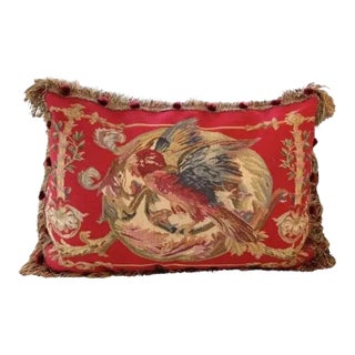 Vintage French Aubusson Style Red Parrot Tapestry Pillow With Velvet Back For Sale